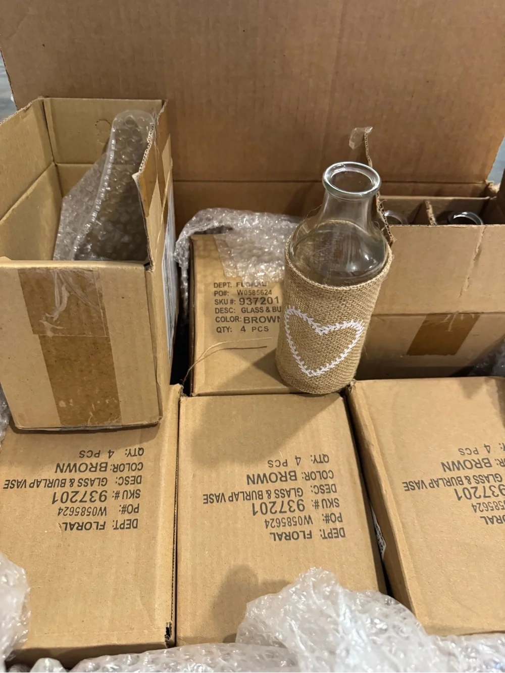 21 New Rustic Clear Glass Decorative Bottles Burlap Wrap White Heart 7.75